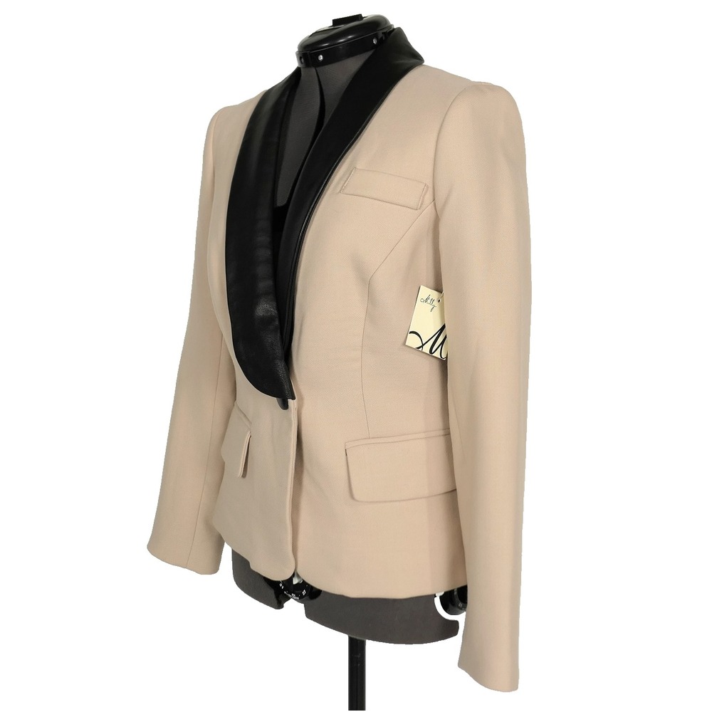 NEW Milly New York Wool & Lamb Leather Shawl Blazer Dinner Jacket Size 6 Beige - Picture 3 of 10